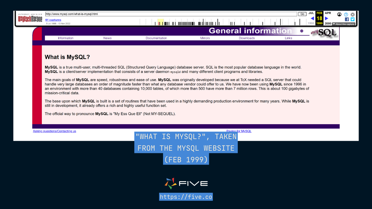 Five.Co - What is MySQL? - Feb 1998