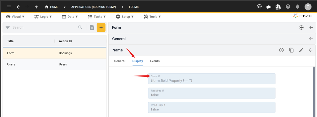 Apply Conditional Logic in Five by supplying a Show-If Condition